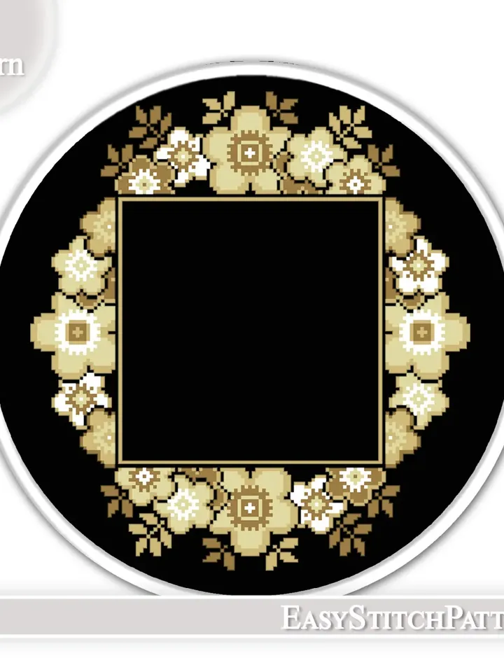 Wreath cross stitch pattern. Flower frame cross stitch. Hoop art. Modern cross stitch.