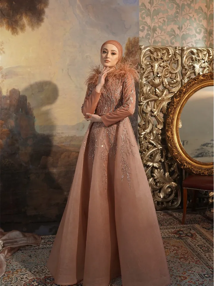 AHUNARE HIJAB - Diamond Copper Embroidered Wedding Dress, Muslim Evening Gown, Nikah, Islamic Wedding, Engagement, Bridesmaid,