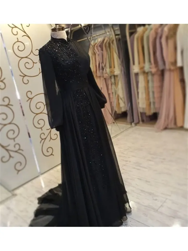 AHUNARE HIJAB - Elit Black Chiffon Tailed Wedding Dress, Muslim Evening Gown, Nikah, Islamic Wedding, Engagement, Bridesmaid,