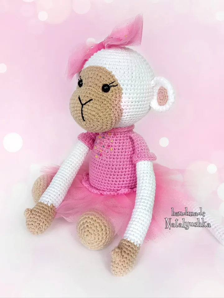 White Monkey soft Toy, Ballerina monkey, Handmade Monkey girl, Crochet monkey in a pink dress, Nursery decor