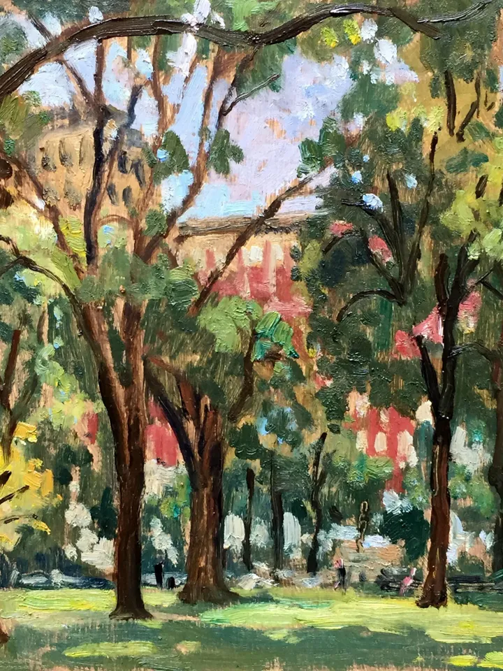 Original NYC Cityscape Painting -Madison Square Park/Summer Light- 8x8 Oil on Panel, New York Impressionist Fine Art, Signed Landscape