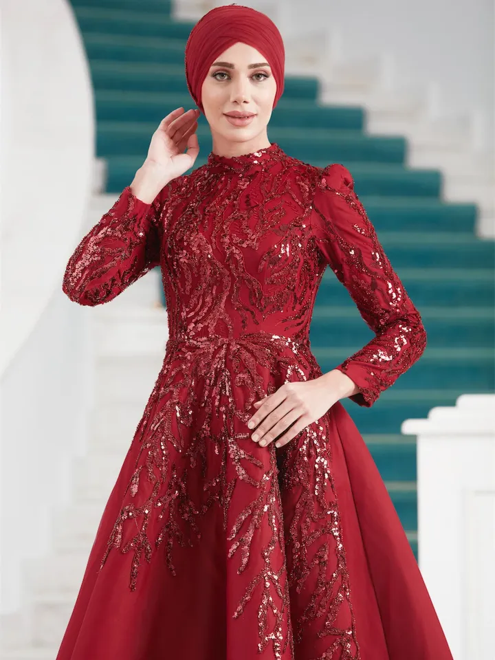 AHUNARE HIJAB - Yıldız Burgundy Embroidered Wedding Dress, Muslim Evening Gown, Nikah, Islamic Wedding, Engagement, Bridesmaid,