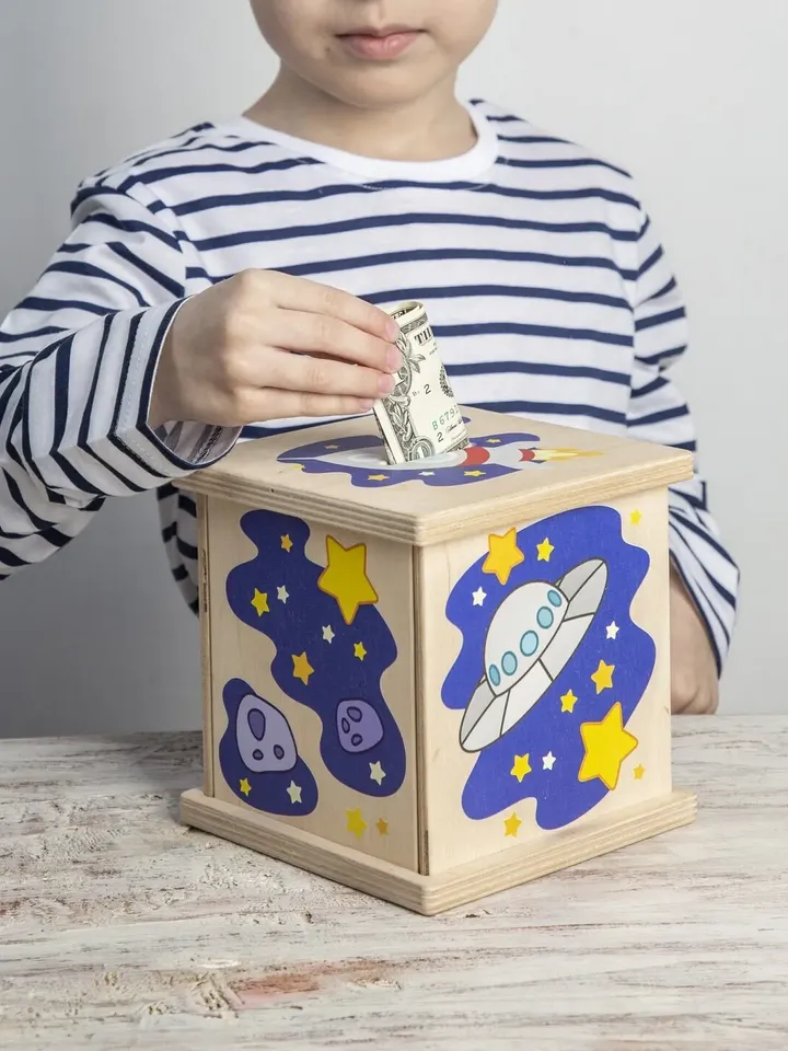 Wooden piggy bank, Kids Birthday Gift, Coin Bank, Space nursery decor