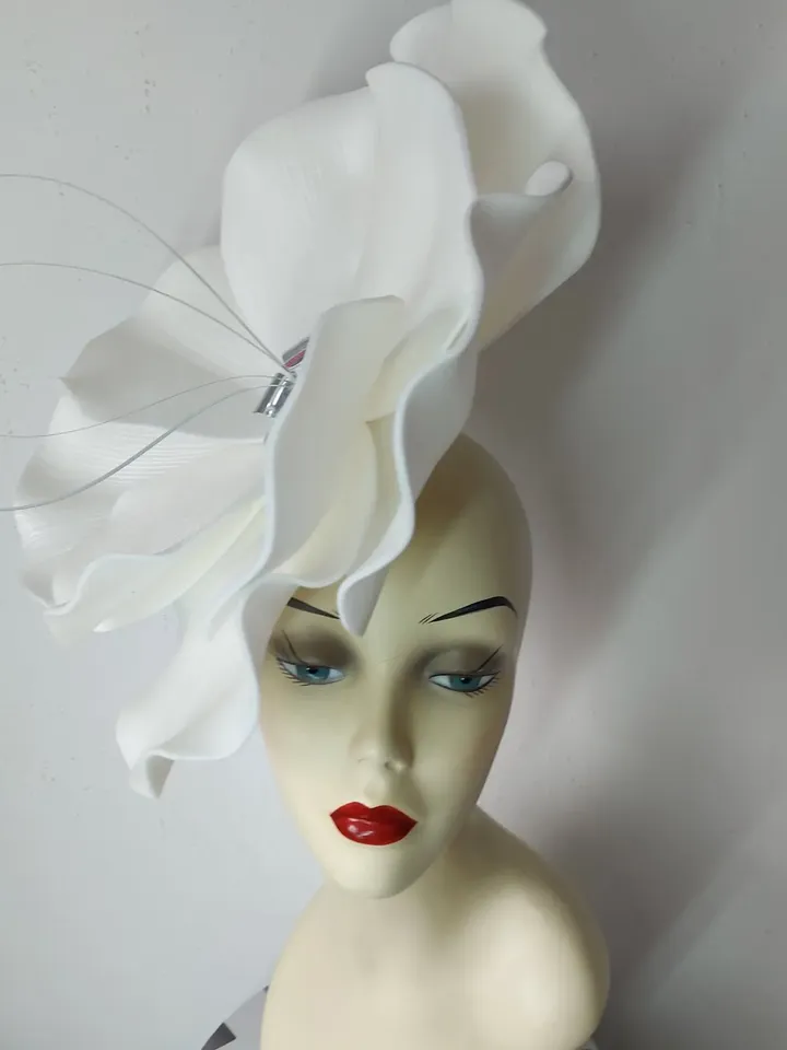 Large flower fascinator White bridal headband Mirror bloom wedding accessory Church Hat custom hat design 2024