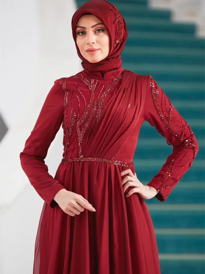 AHUNARE HIJAB - Dila Burgundy Chiffon Wedding Dress, Muslim Evening Gown, Nikah, Islamic Wedding, Engagement, Bridesmaid,