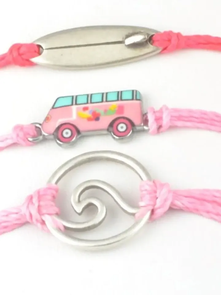 Set of Three Surfer Staking Bracelets, Pink Van WV Surf Board Wave Beach Jewelry, Bohemian Festival Summer Jewellery Minimal String Bracelet