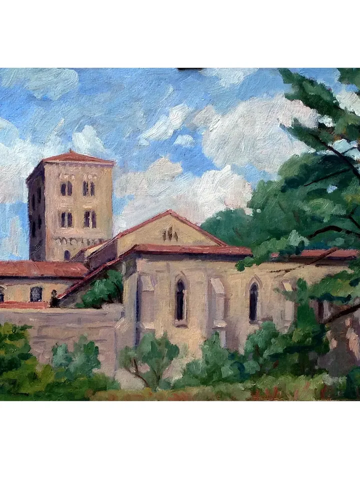 Original New York Landscape Painting -The Cloisters/Fort Tryon Park/NYC- 12x18 Oil on Panel, Plein Air Impressionist Fine Art