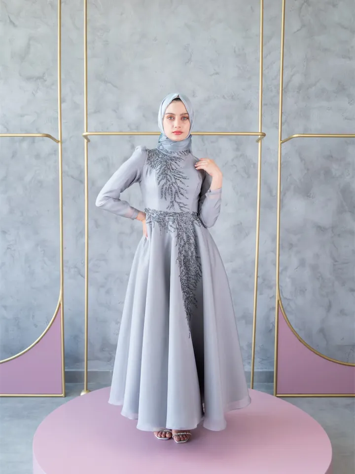 Mimoza Grey Embroidered Ahunare Wedding Dress, Muslim Evening Gown, Nikah, Islamic Wedding, Engagement, Bridesmaid, Maxi Dress