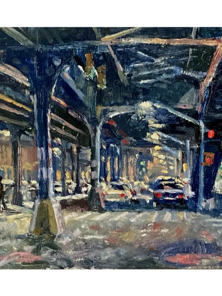 New York Nocturne Cityscape Painting - From 215th Street/NYC - 8x12 Oil on Panel, Impressionist Night Scene, Signed Original