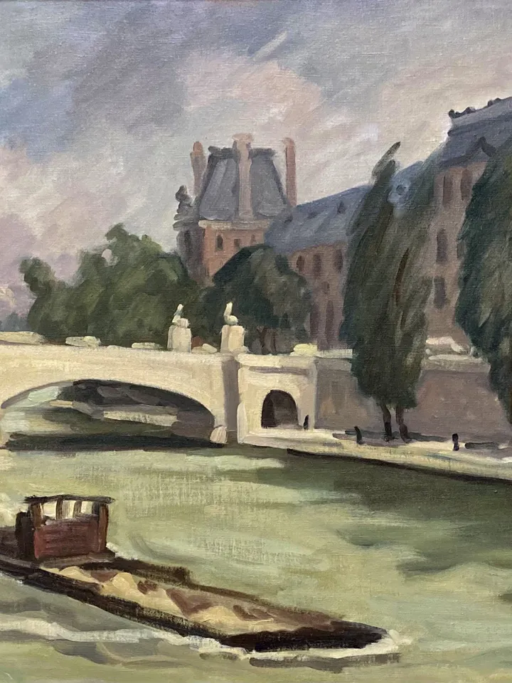 Large Paris Landscape Painting - The Seine/Pont du Louvre/1984- 20x24 Oil on Canvas, Plein Air Impressionist Cityscape, Original Fine Art
