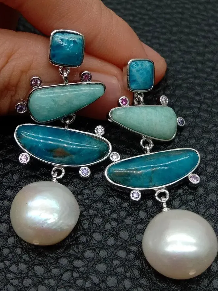 Handmade Turquoise Apatite and Amazonite Dangle Earrings with Pearl and Gold Plating