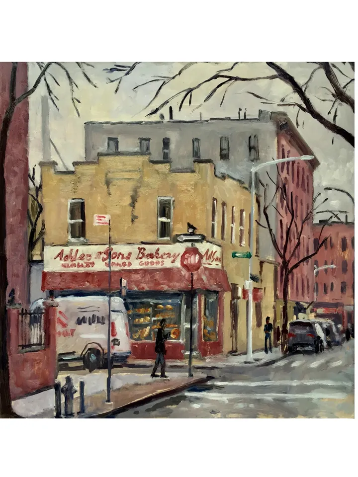 Original New York Cityscape Painting -Addeos Bakery/Arthur Ave/Bronx NYC- 12x12 Oil on Panel, Impressionist Landscape, Signed Original