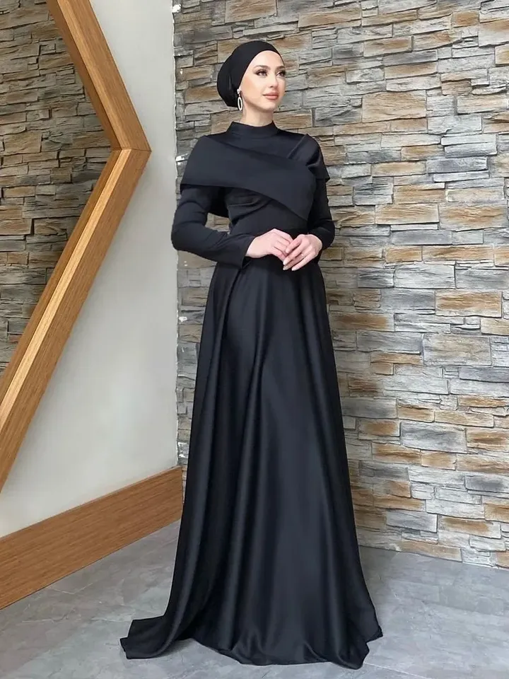 Helen Saten Black Satin Ahunare Wedding Dress, Muslim Evening Gown ...