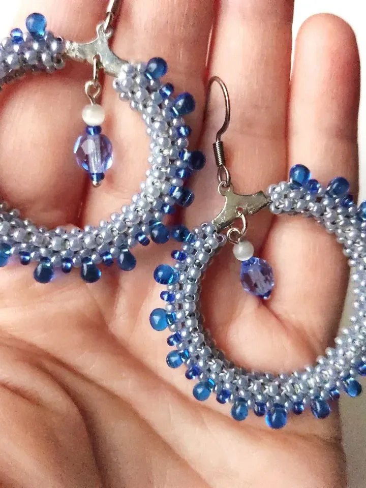 Ring earrings with blue beads drops large fashionable earrings