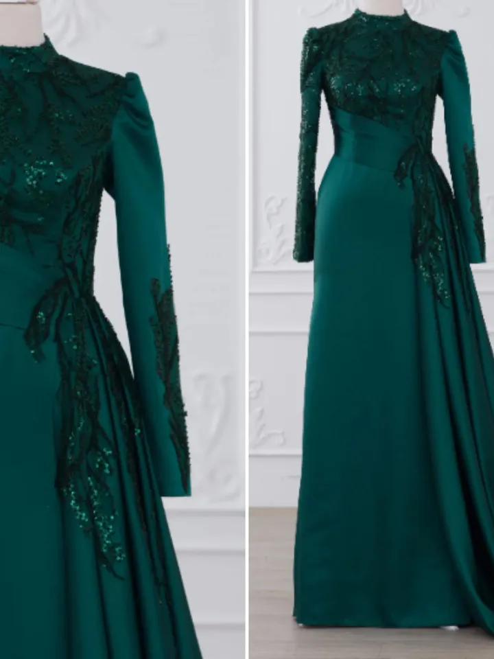 Tılsım Ahunare Green Satin Wedding Dress, Muslim Evening Gown, Nikah, Islamic Wedding, Engagement, Bridesmaid, Maxi Dress