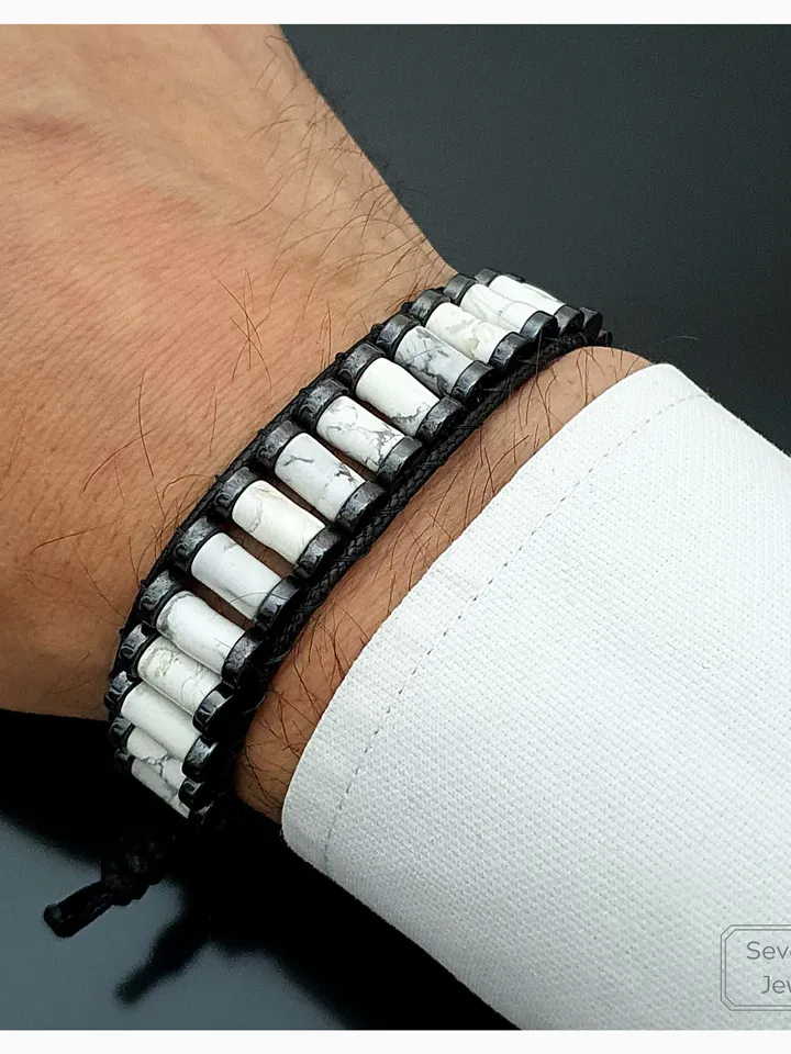 Original Howlite Bracelet, Hematite Gemstone Wristlet, Special Design Jewelry, White Gemstone, Gifts For Women, Men, Valentine's Gifts