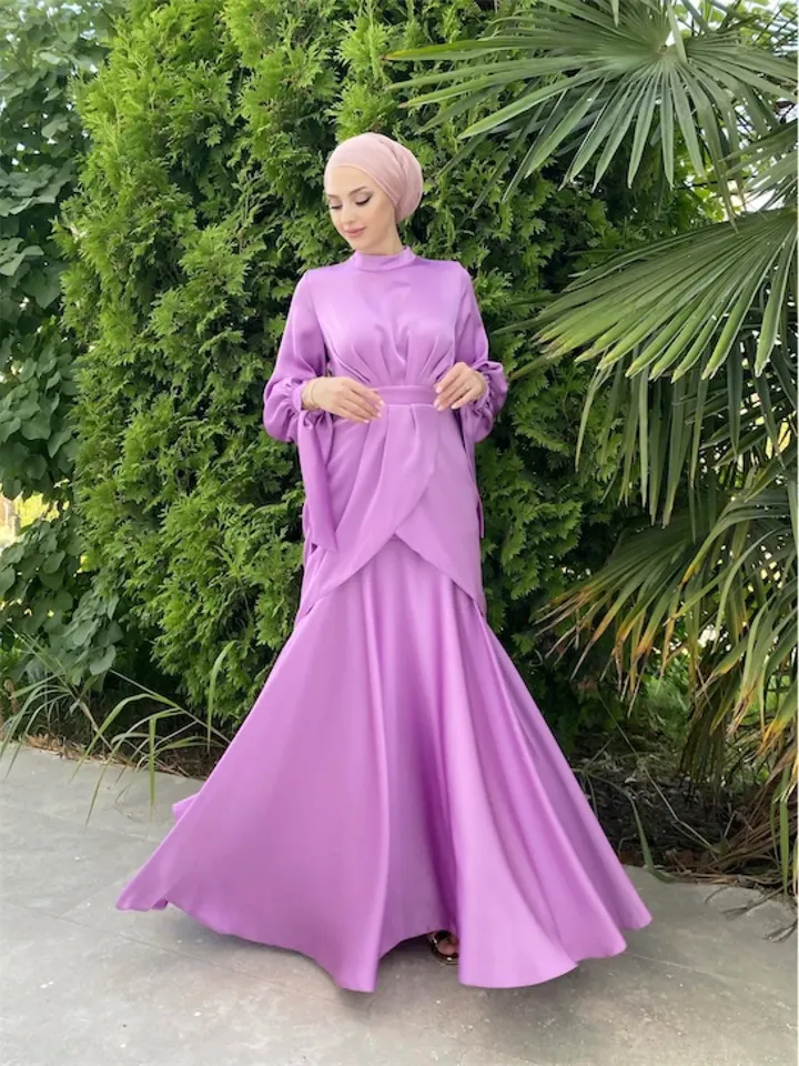 AHUNARE HIJAB - Afra Powder Satin Wedding Dress, Muslim Evening Gown, Nikah, Islamic Wedding, Engagement, Bridesmaid,