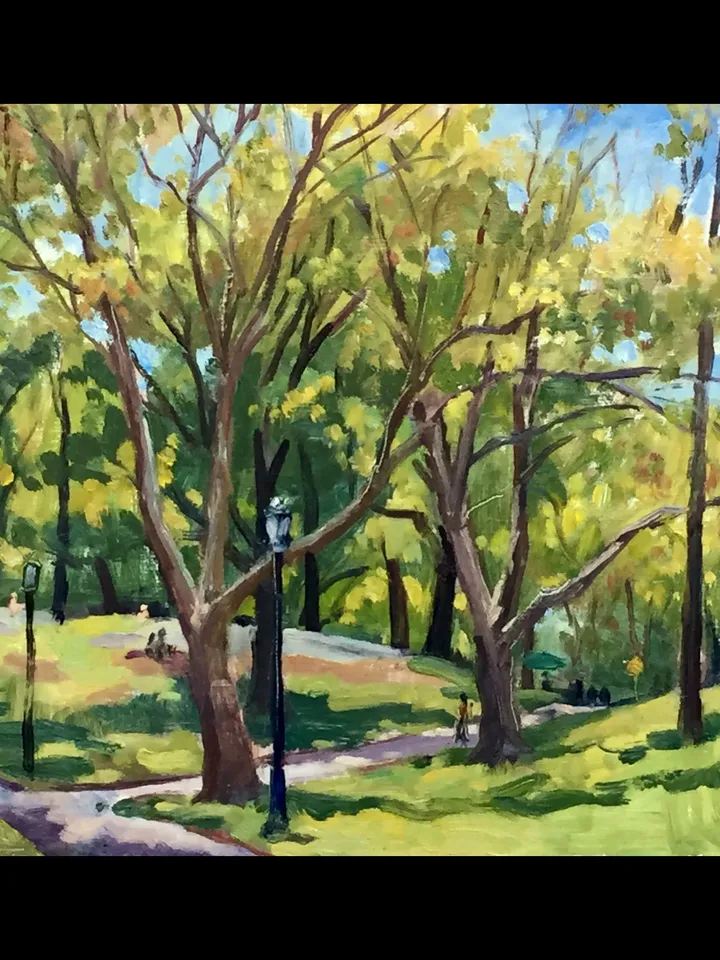 Central Park Landscape Painting -Toward the Shakespeare Playhouse/NYC- 10x10 Oil on Panel, New York Impressionist Fine Art, Signed Original