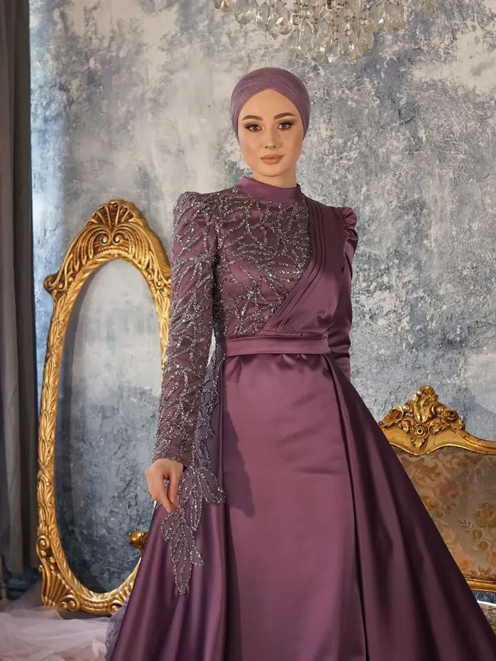 AHUNARE HIJAB - Zade Satin Plum Peplum Wedding Dress, Muslim Evening Gown, Nikah, Islamic Wedding, Engagement, Bridesmaid,