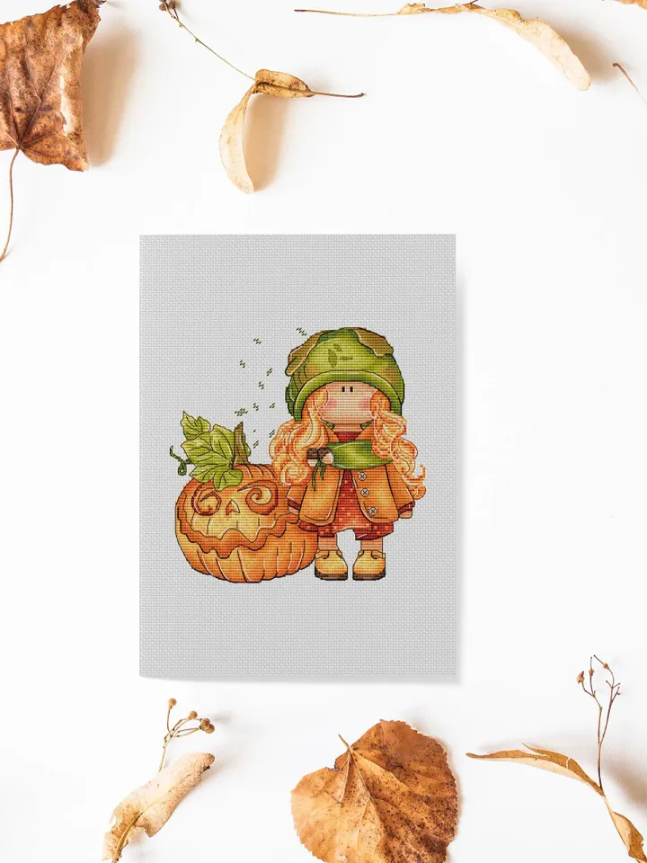 Girl Cross Stitch Pattern, Autumn Cross Stitch PDF Instant Download, Pumpkin Cross Stitch Pattern, Little Girl Counted Pdf Chart