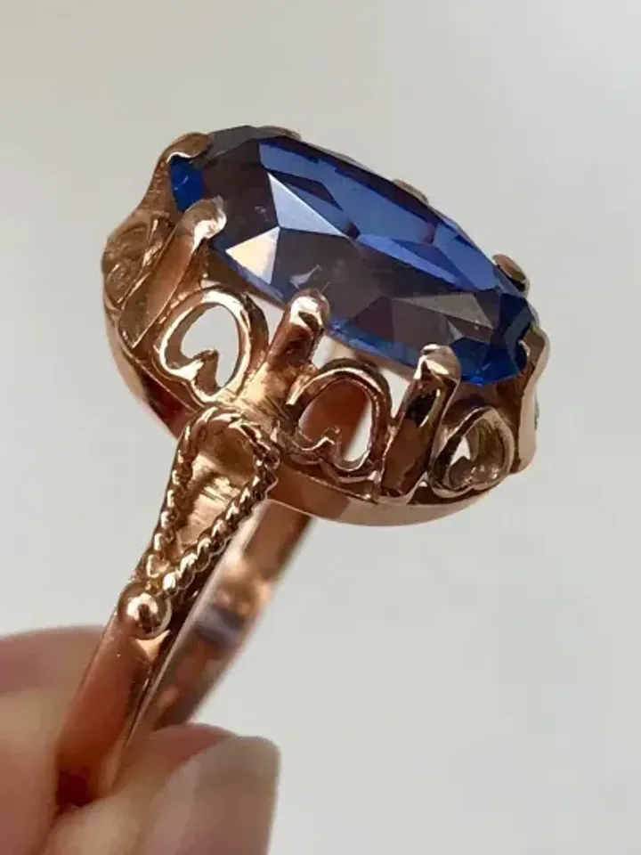 Elegant Vintage 14K Ring USSR 583 Rose Gold with star sapphire corundum stone Soviet Retro Russian Women's jewelry gift for woman