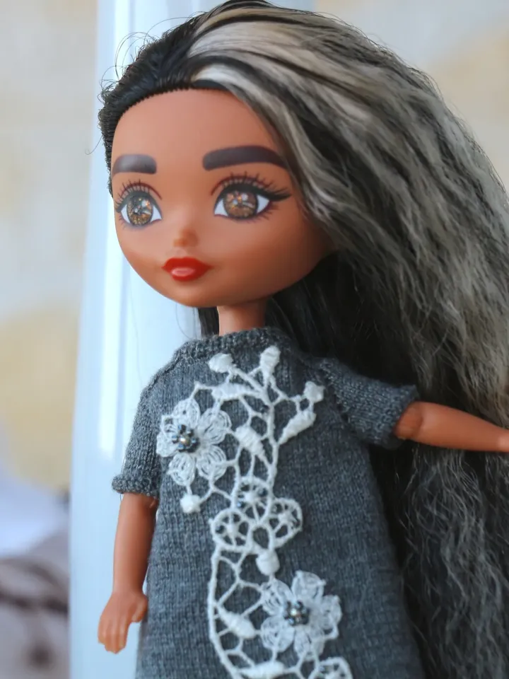 Barbie Extra Minis Dark Grey hand knitted Dress. Realistic miniature dress for 6" mini Barbie dolls.