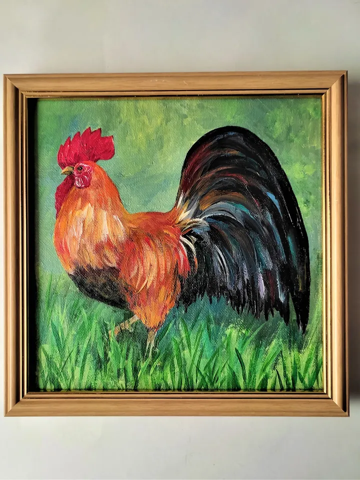 Rooster painting, Farm bird original art, Farm animal acrylic painting, Chicken portrait