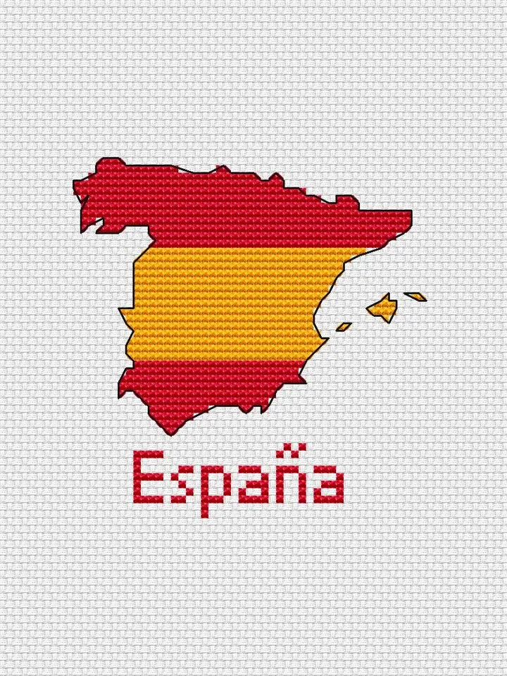 Map of Spain Cross Stitch Pattern Modern, Spain Flag Xstitch Pattern, Spanish cross stitch picture, Espana punto de cruz