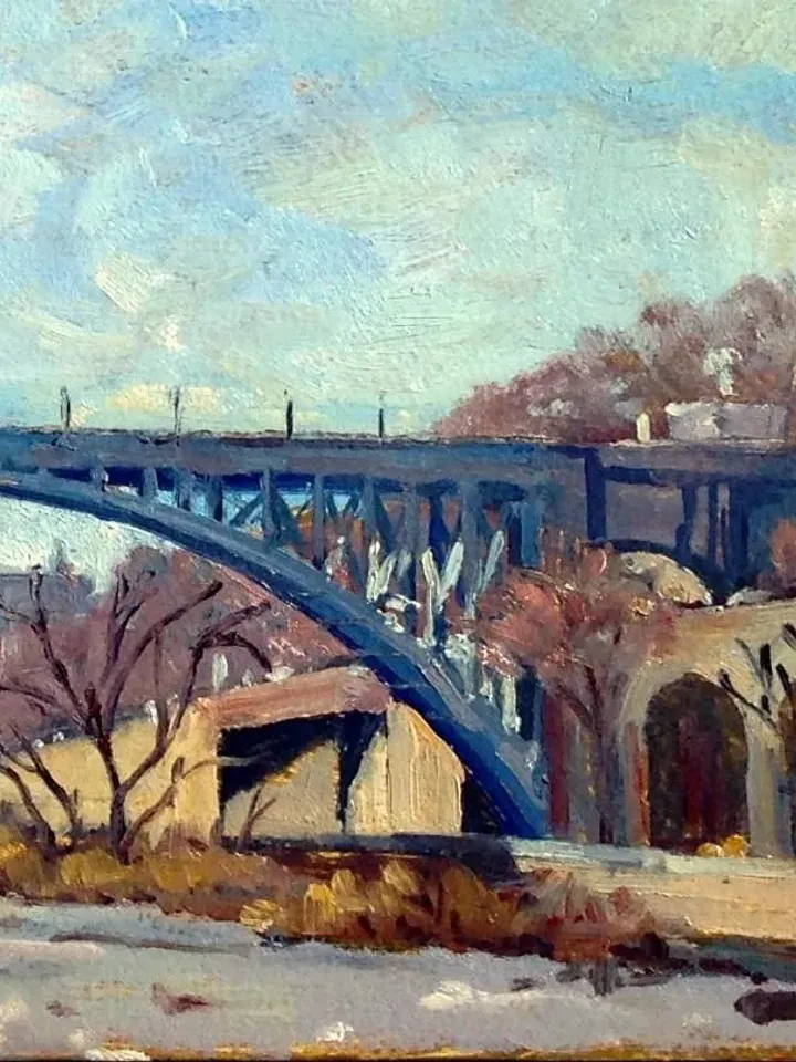 Original New York Landscape Painting -High Bridge/Winter Light NYC- 12x20 Oil on Panel, Urban Industrial Realist Fine Art, Signed Original
