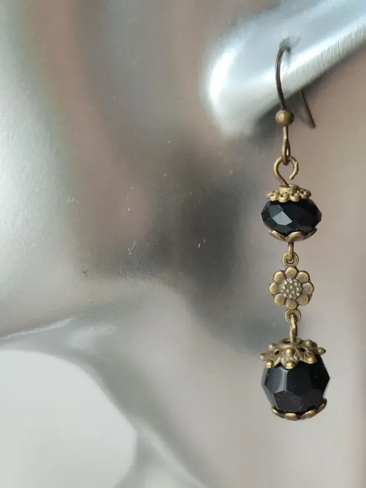 Earrings black agate long antique bronze dangle drop