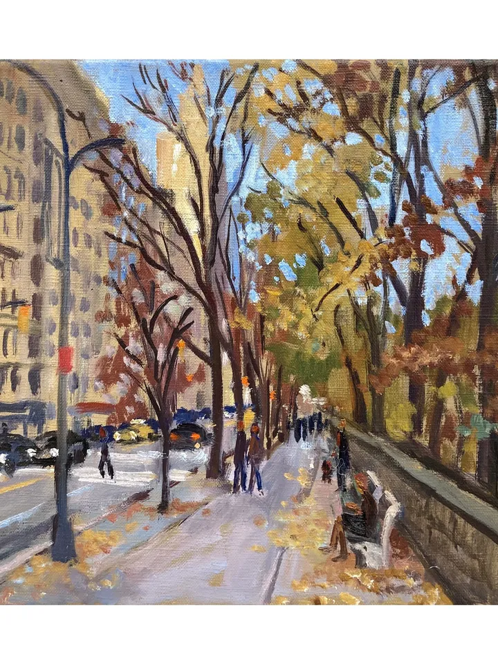 New York City Landscape Painting -Along Central Park West/NYC- 12x12 Oil on Canvas, Plein Air Impressionist Cityscape, Signed Original