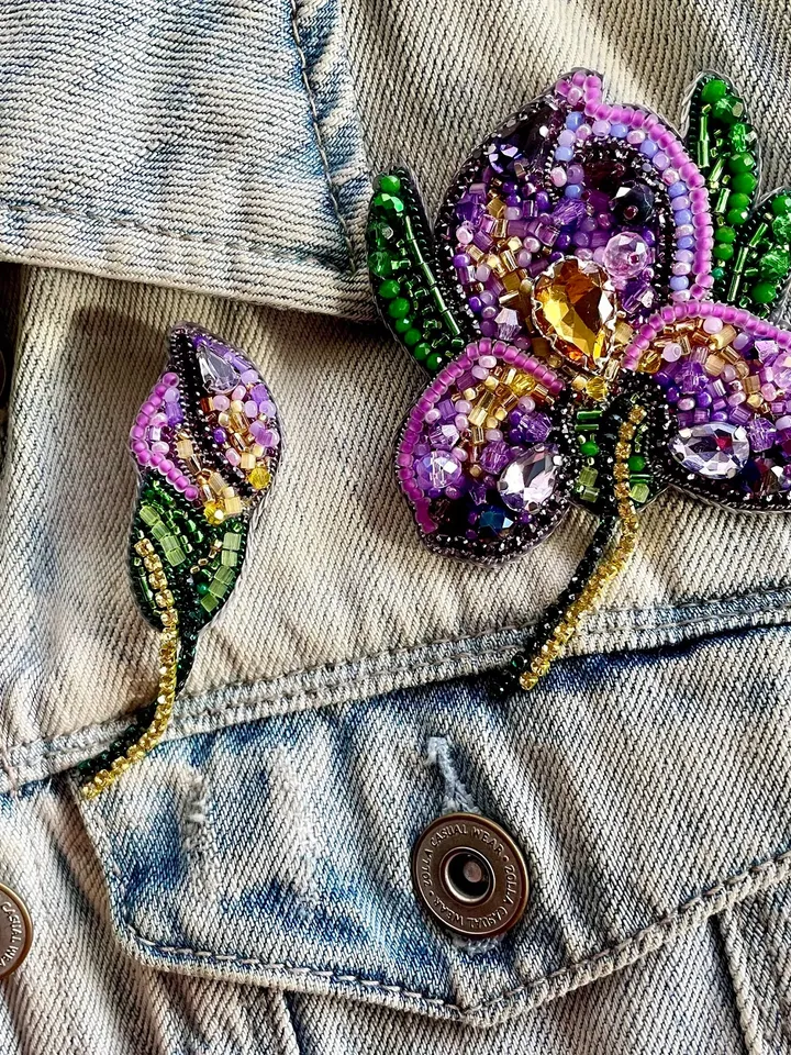 Iris Set of Beaded Brooches, Handmade Embroidered Accessory, Pin Flower of Purpel and Golden Colors, Flower Brooch