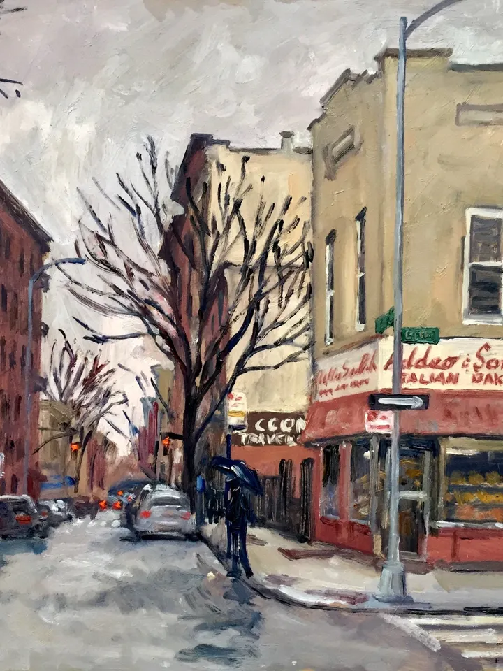 Original Bronx Cityscape Painting -Addeo and Sons Bakery/NYC- 12x12 Oil on Panel, Impressionist Landscape, Signed Little Italy Street Scene