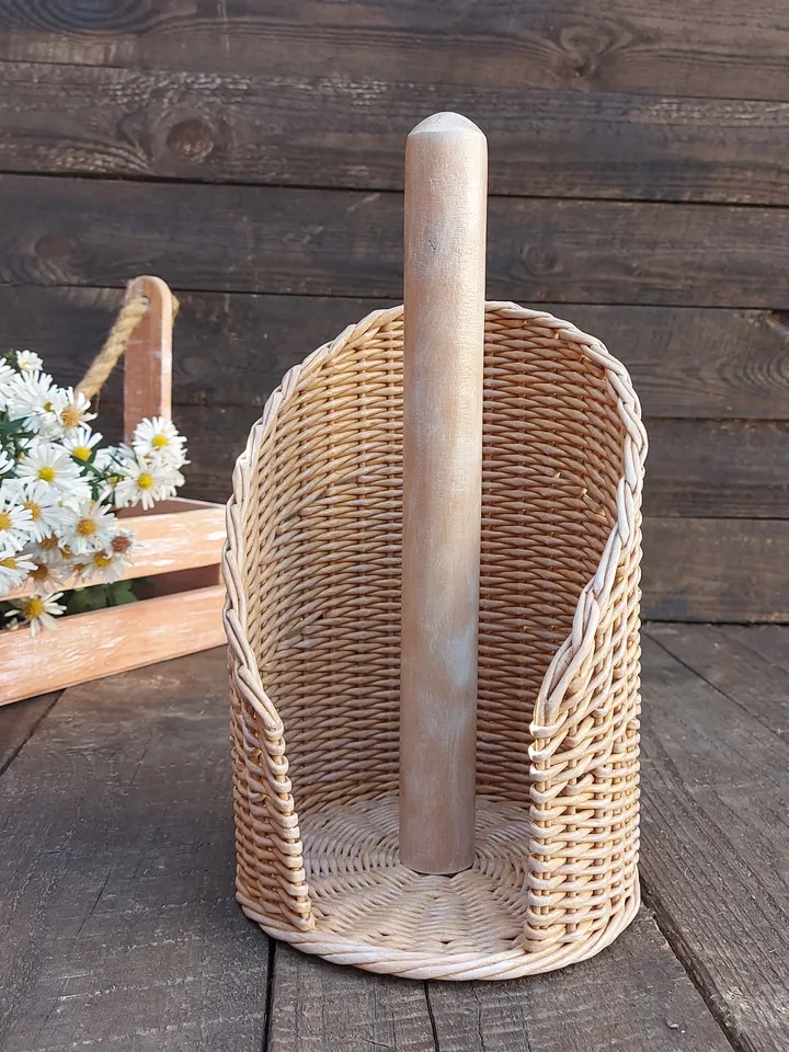 Paperless paper towels, Beige rattan paper towel holder, Rustic kitchen wicker roll holder