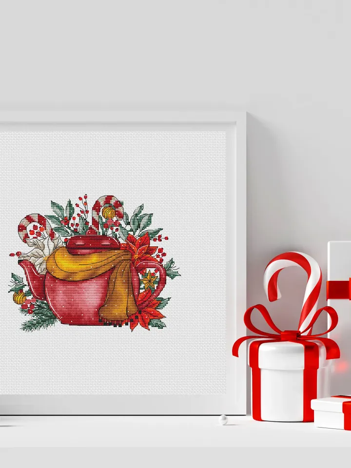 Christmas Teapot Cross Stitch Pattern, Christmas Cross Stitch Pattern, Winter Counted Cross Stitch, Christmas Embroidery Digital Pattern