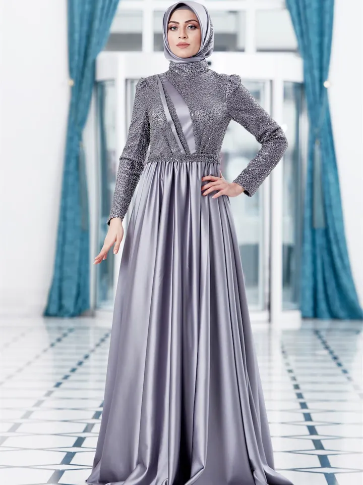 AHUNARE HIJAB - Berra Grey Satin Wedding Dress, Muslim Evening Gown, Nikah, Islamic Wedding, Engagement, Bridesmaid,