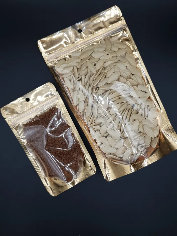 Gold Metalized STAND UP POUCH One side Clear with Zipper Locked Bag,Resealable Bags coffee Nuts Chocolate Heat Sealable, Sweet Candy Tea Bag