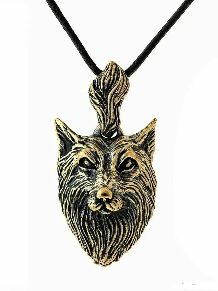 Wolf necklace Wolf pendant Totem Animal jewelry Amulet pendant Men Gift Werewolf Wolf head jewelry gold and black brass amber