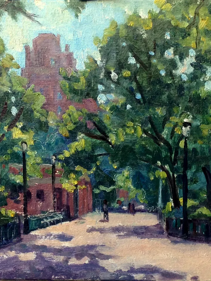 East Village Oil Painting Landscape -Morning Light/Tompkins Square Park/NYC- 7x7 Oil on Panel, New York City Impressionism, Signed Original