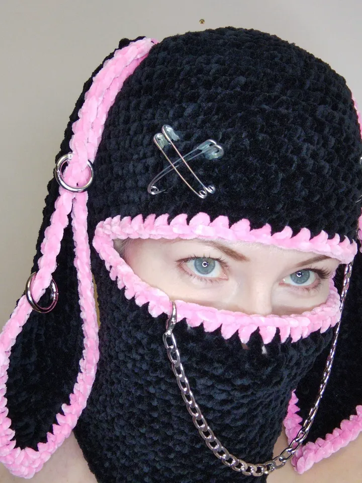 Pink black bunny balaclava Bunny kigurumi hat Sexy balaclava hat Crazy bunny hat crochet Halloween full face cover