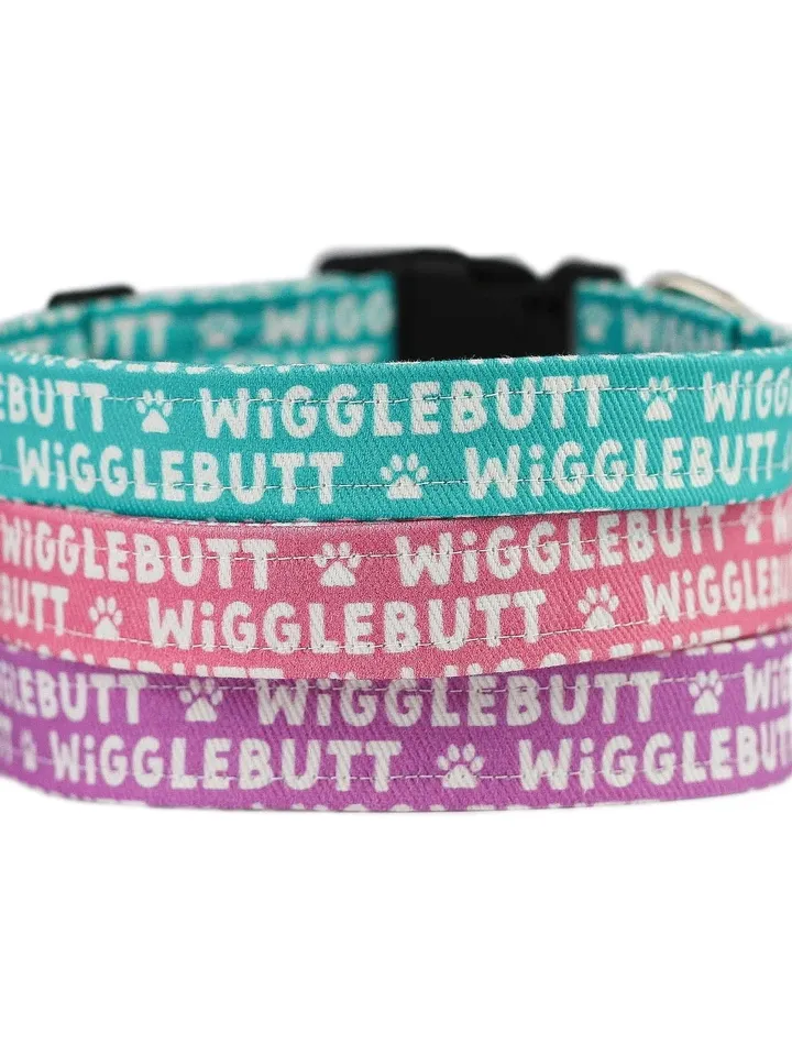 Wigglebutt Dog Collars, Adjustable Blue Pink, and Purple Dog Collars, Funny Boy and Girl Dog Collars