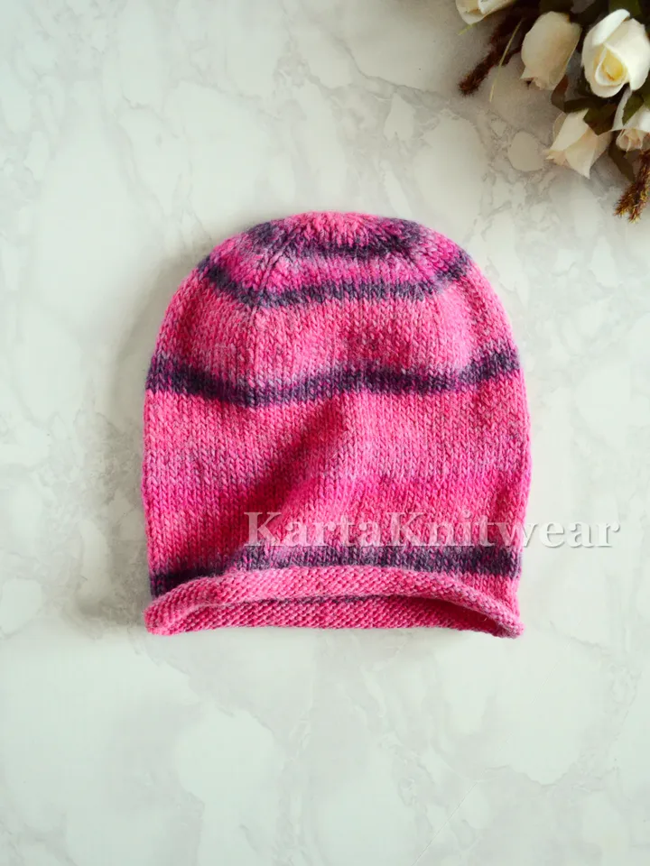 Bright pink knit beanie hat for women