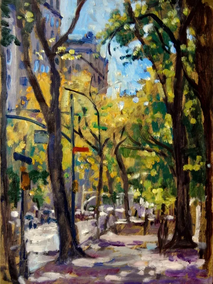 9x12 New York City Landscape Painting - Central Park/Autumn on Fifth Ave NYC - Oil on Panel, Impressionist Cityscape, Original Fine Art