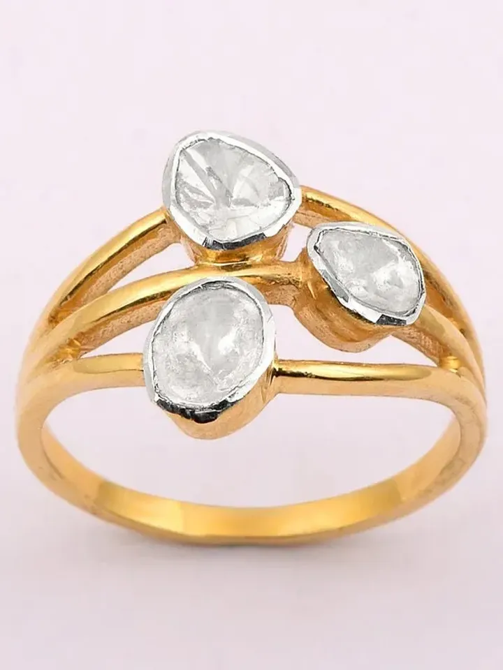 Natural Polki Diamond Ring, Uncut Polki Ring, Sterling Silver Ring, Triple Band Ring, Engagement Ring, Polki Jewelry, Handmade Ring