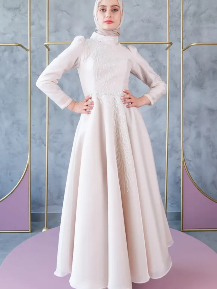 Mimoza Cream Embroidered Ahunare Wedding Dress, Muslim Evening Gown, Nikah, Islamic Wedding, Engagement, Bridesmaid, Maxi Dress