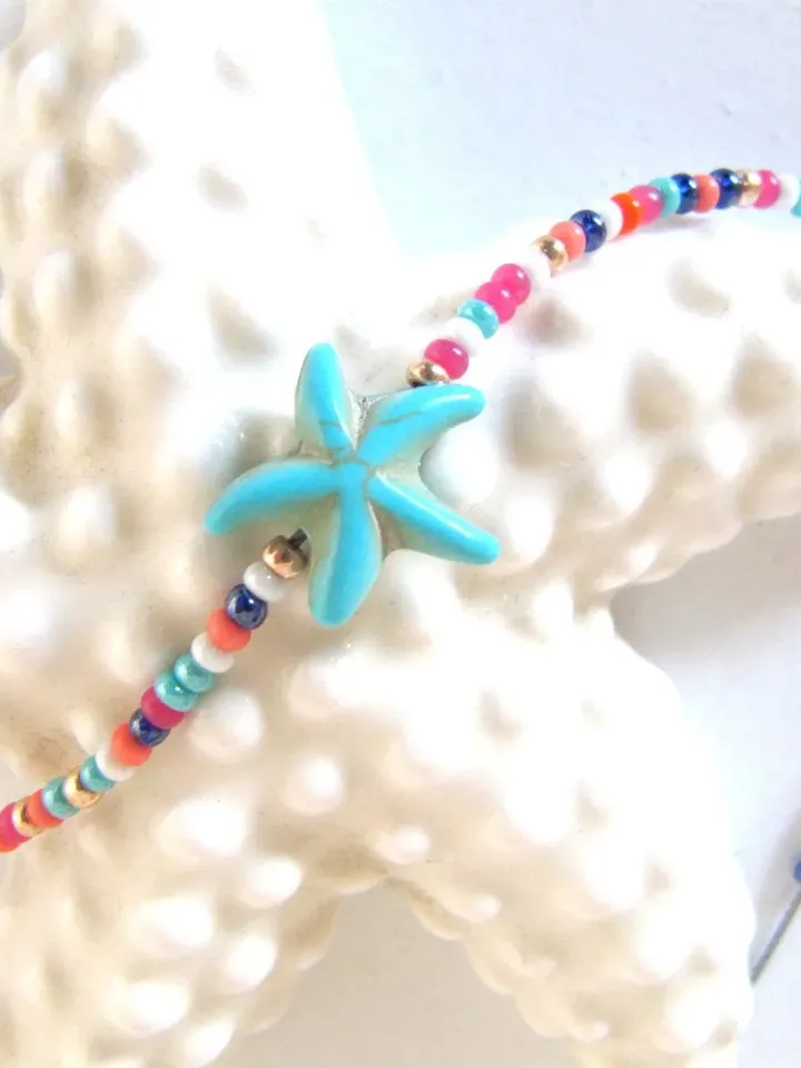 Adjustable necklace, choker Bohemian style, necklace hippie, starfish blue necklace, gift for best friend, necklace colorful beads, gift