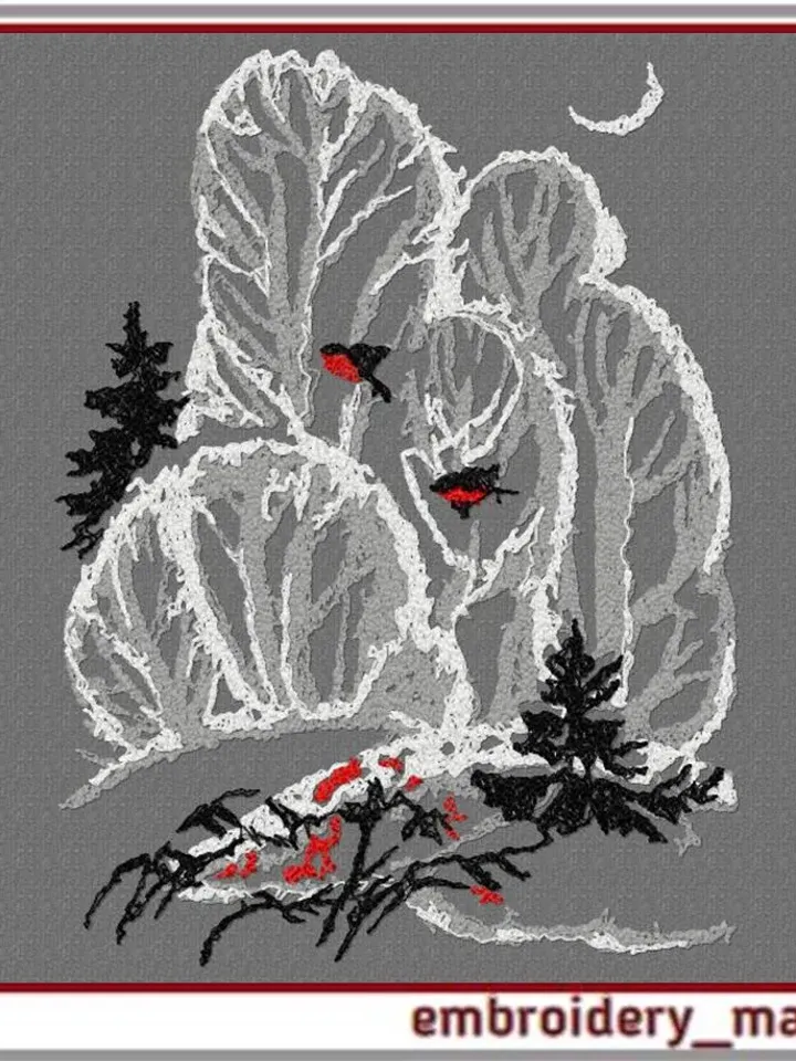 Digital machine embroidery design Winter landscape