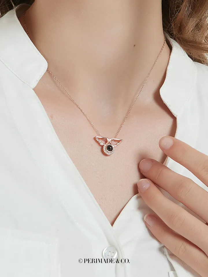 PERIMADE Angel Wing Projection Necklace • Customized Memorial Photo Pendant • Personalized Picture Inside Jewelry • Trendy Best Friend Gift