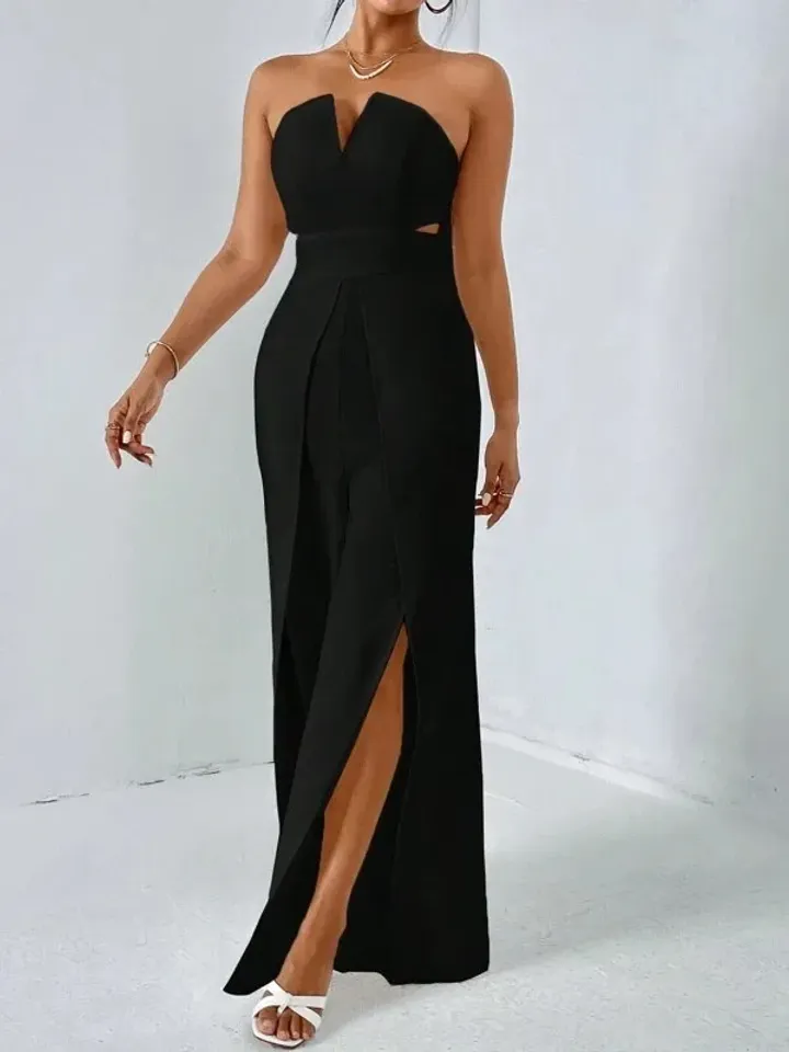Black Solid Notched Neck Sleeveless Strapless Split Thigh Leg Tube Jumpsuit Women Ladies Casual Party Evening