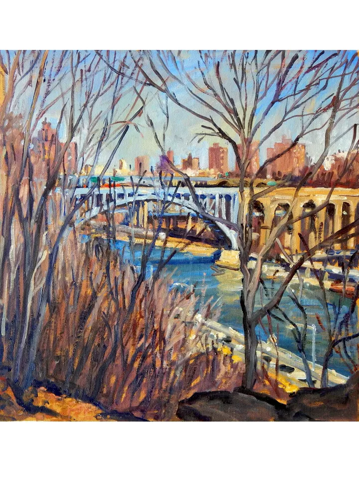 Original New York Landscape Painting - High Bridge/Harlem River/NYC - 16x16 Oil on Canvas, Urban Impressionist Plein Air Fine Art